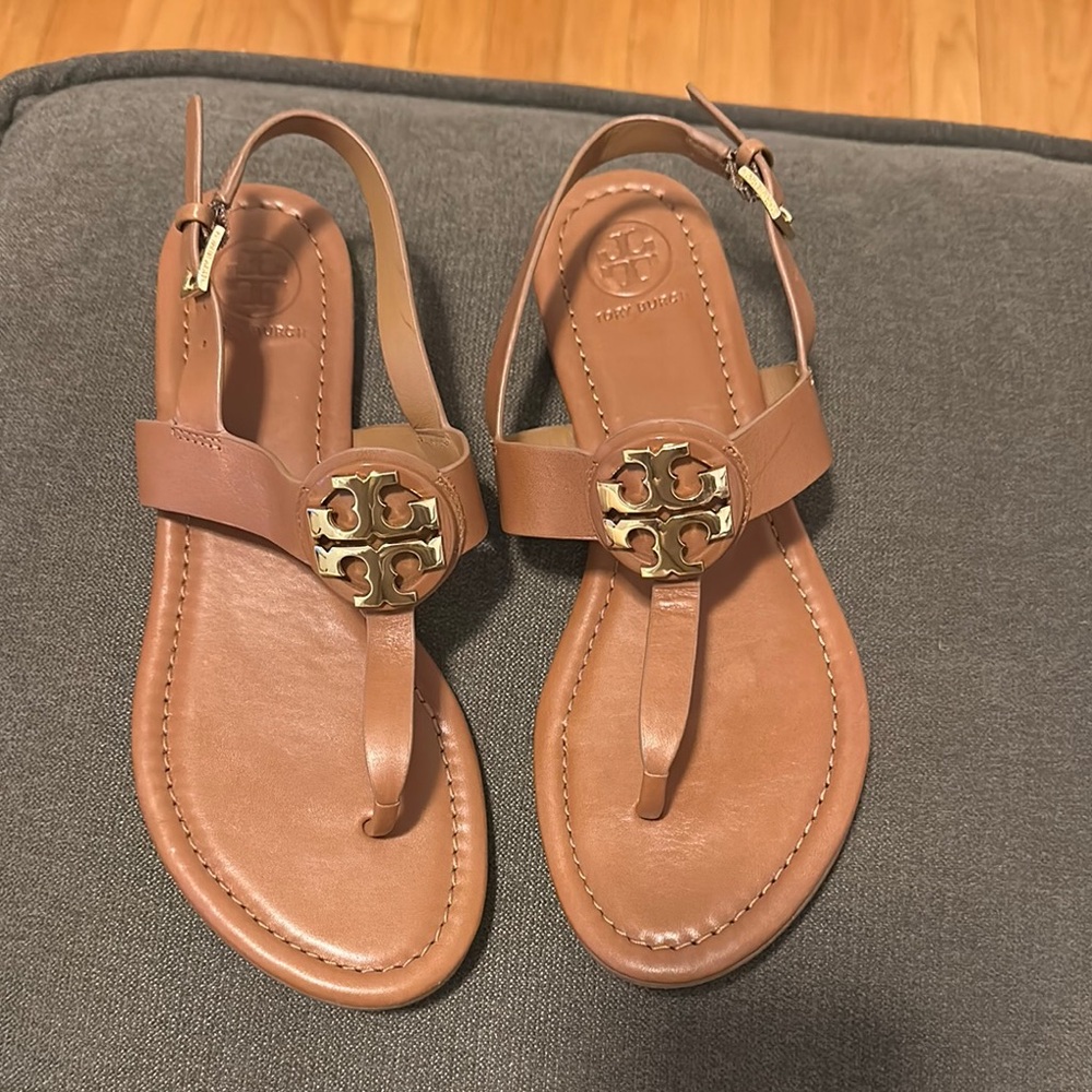 Tory Burch Tan Gold Sandals with T-Strap Design